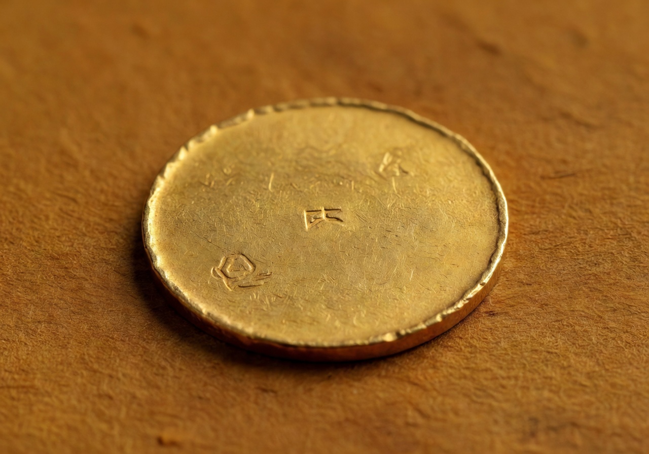Gold coin with rustic styling and minimal design on a warm background