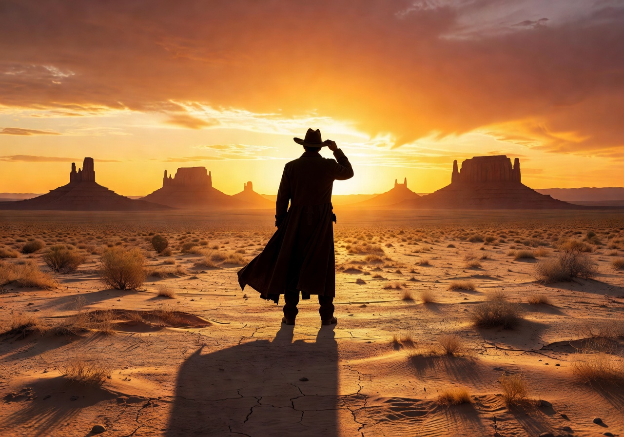 Cinematic western desert landscape at sunset with cowboy silhouette and warm golden tones